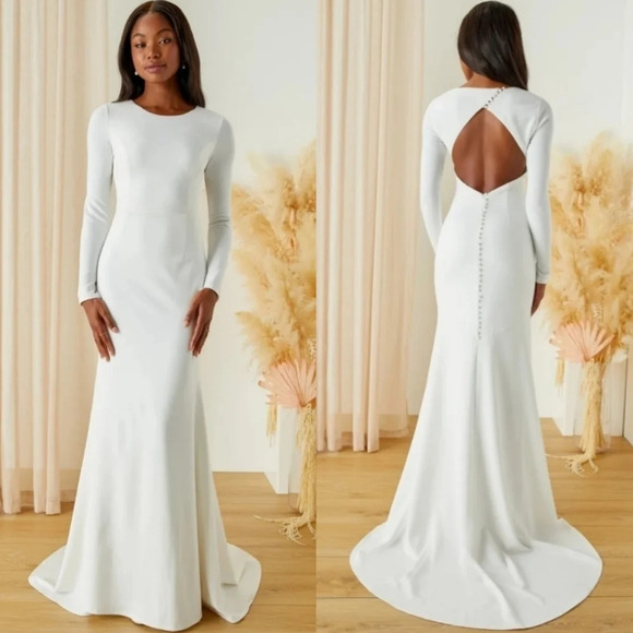 Lulu's Eloquent Endearment White Long Sleeve Backless Maxi Dress Wedding Bride - Picture 1 of 14